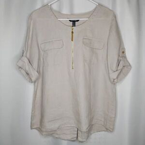 Ellen Tracy Linen Top Large Beige V-Neck Short Cuff Sleeve Gold Quarter Zipper